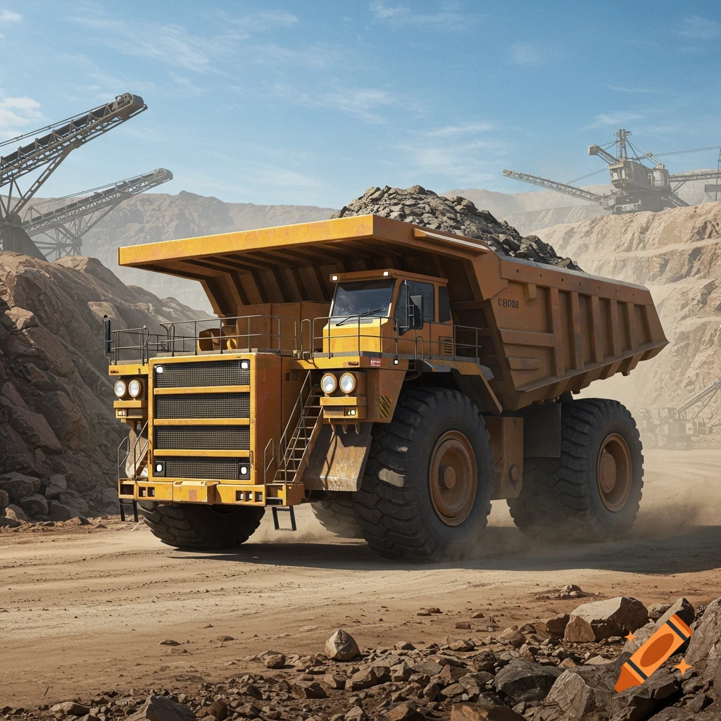A large yellow mining dump truck, loaded with rocks, drives through a dusty open-pit mine under a clear sky.