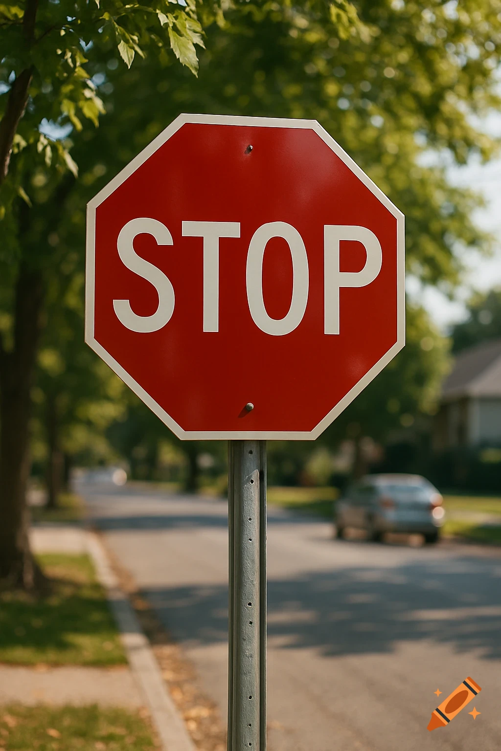 A red stop sign with white text on a pole next to a sunlit street with trees and a car in the distance.