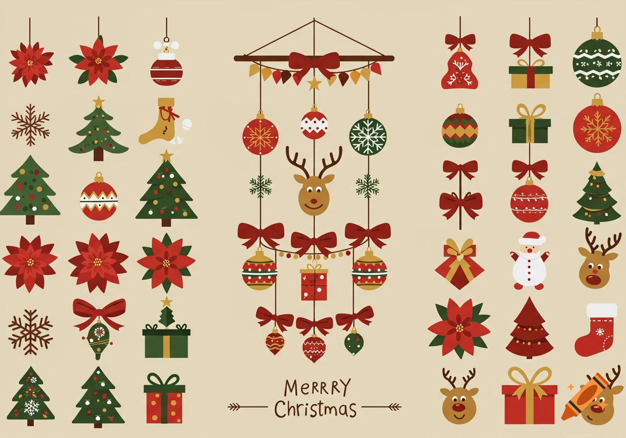 Flat-design illustration of numerous Christmas decorations, including ornaments, trees, poinsettias, reindeer, gifts, and a central wall hanging with 'MERRRY Christmas' text.