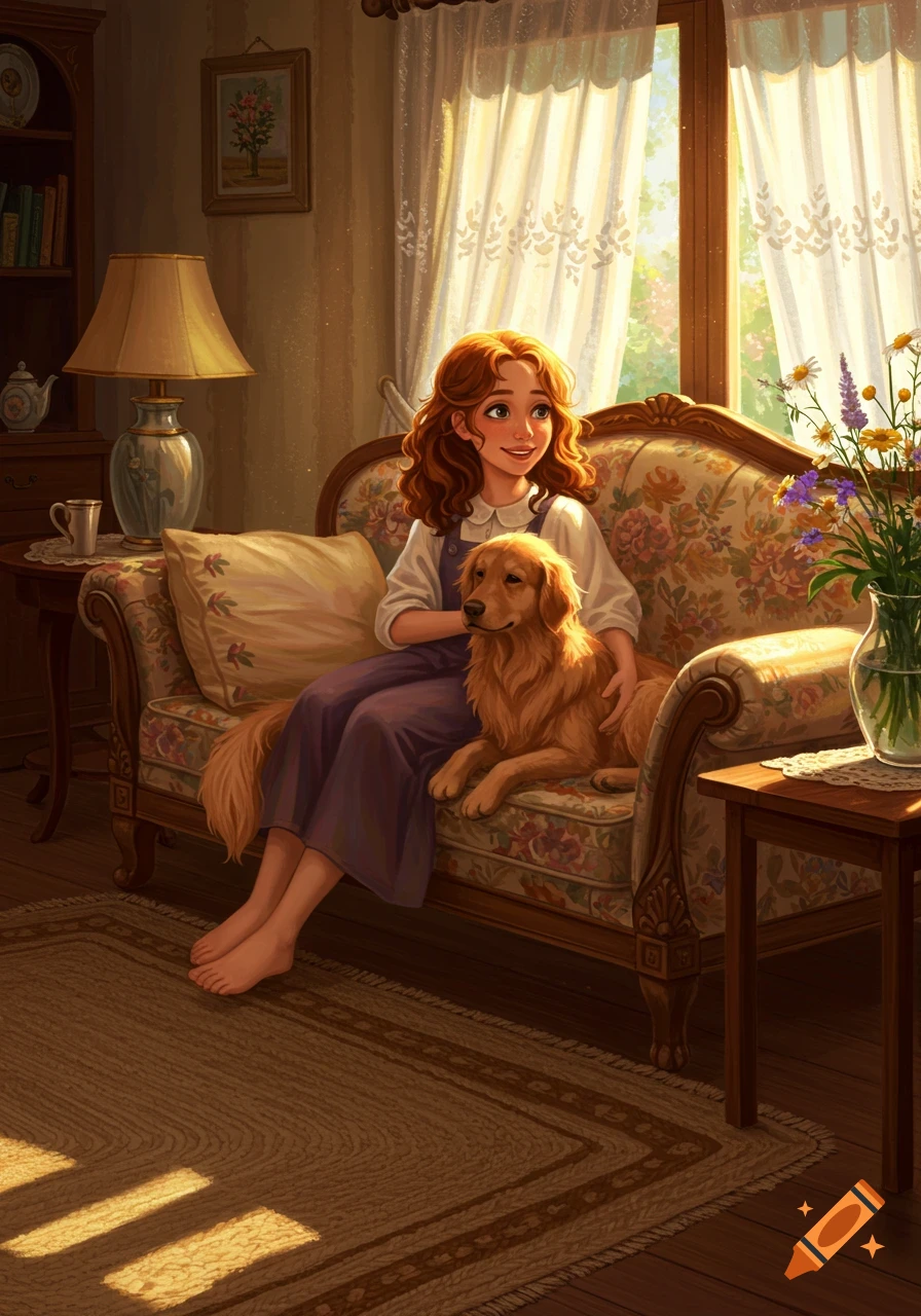 A cartoon-style illustration of a girl with red curly hair sitting on a floral sofa, petting a golden retriever in a sunlit room.