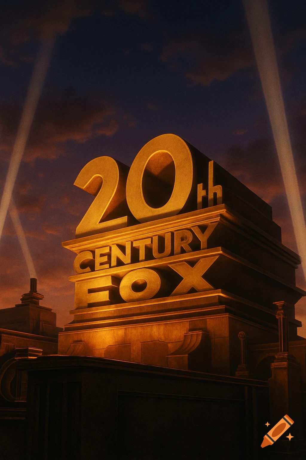 A grand, illuminated 20th Century Fox logo structure at sunset with spotlights shining into the sky.