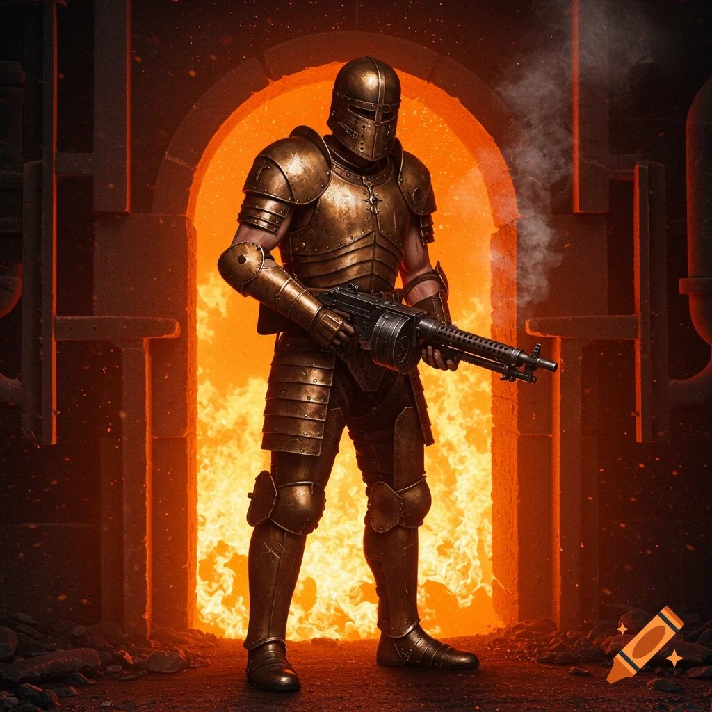 An armored warrior wielding a light machine gun stands in front of a fiery blast furnace, smoke rising to the right.