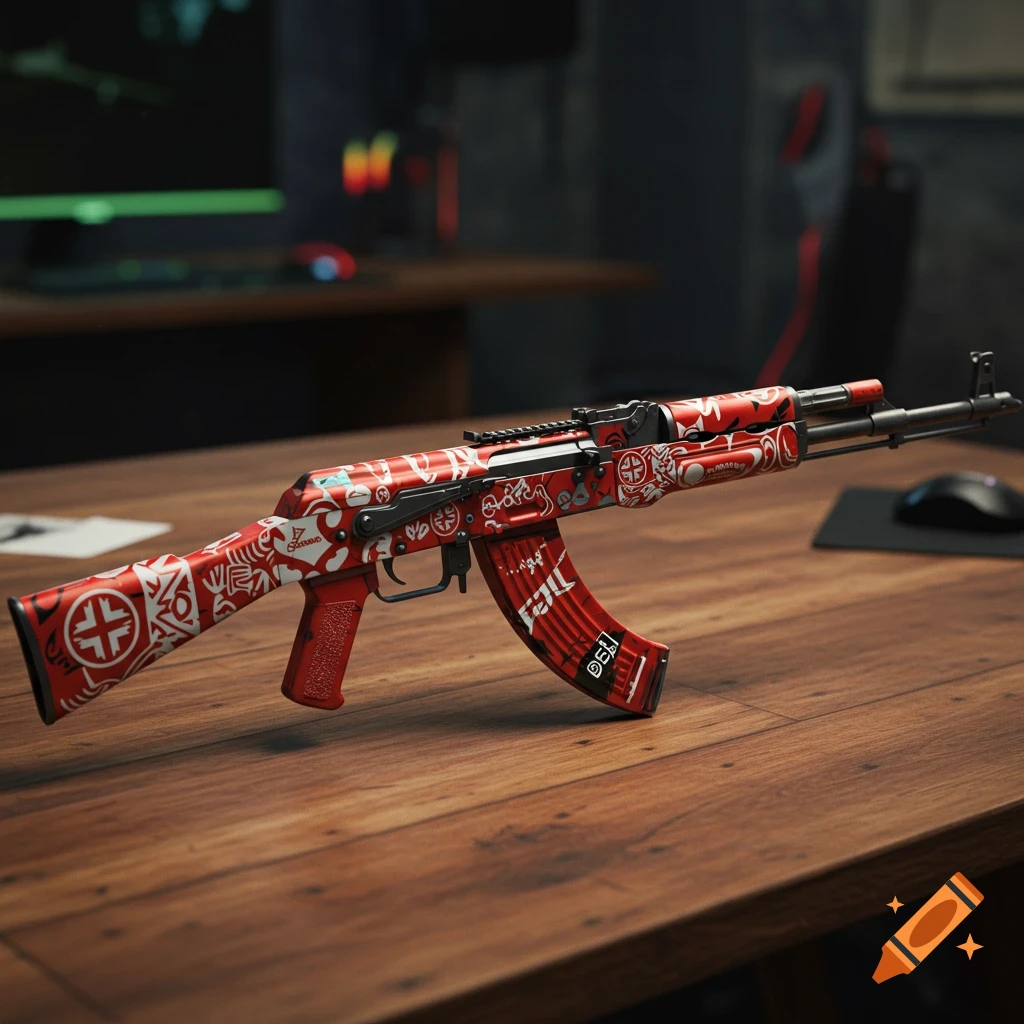 A detailed red and white 'Bloodsport' AK-47 rifle lies on a wooden desk, with a blurred gaming setup in the background.