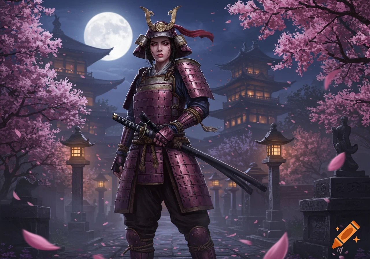 A female samurai in purple armor stands with a katana under a full moon, amidst cherry blossoms and Japanese temples.