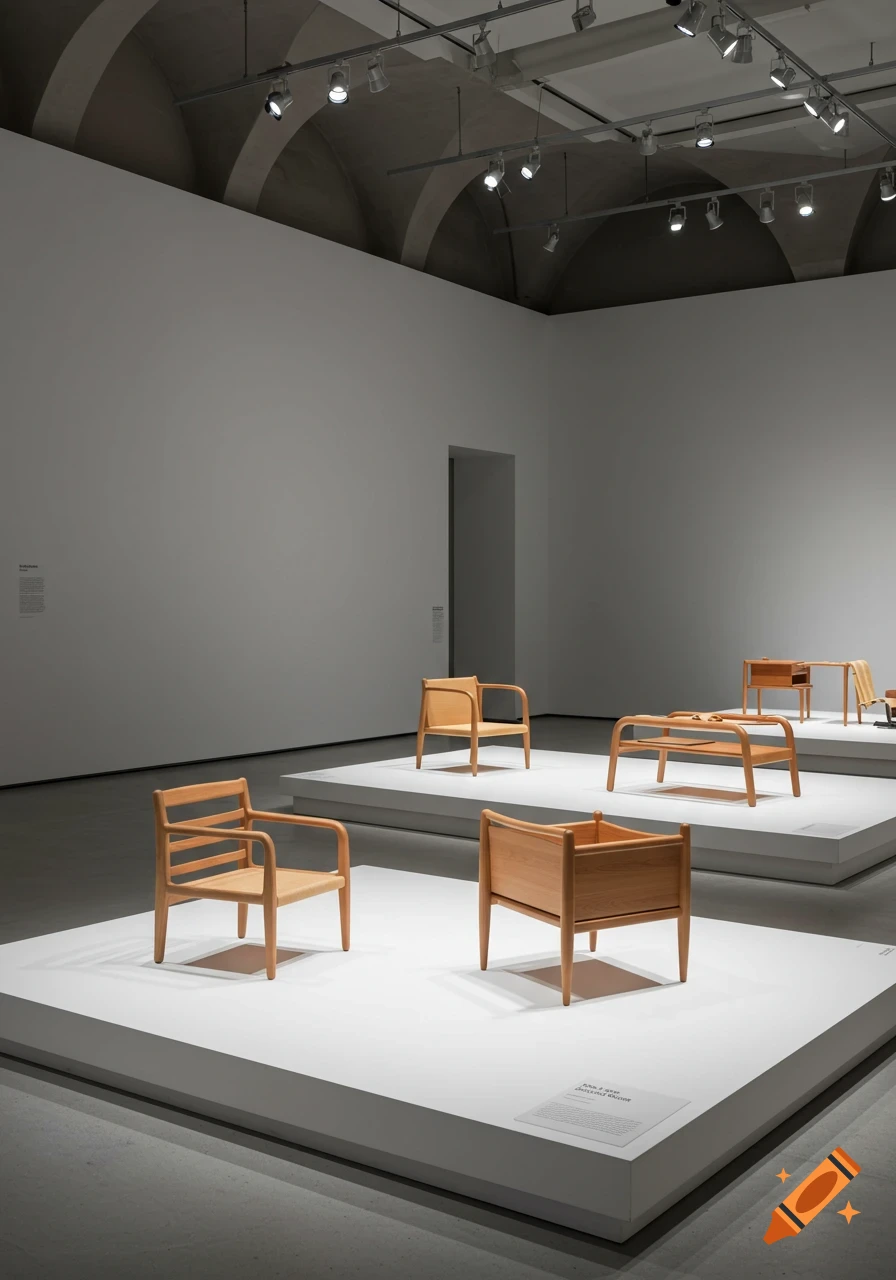 A modern museum exhibition features minimalist wooden children's furniture displayed on white plinths under spotlighting in a spacious, white gallery.