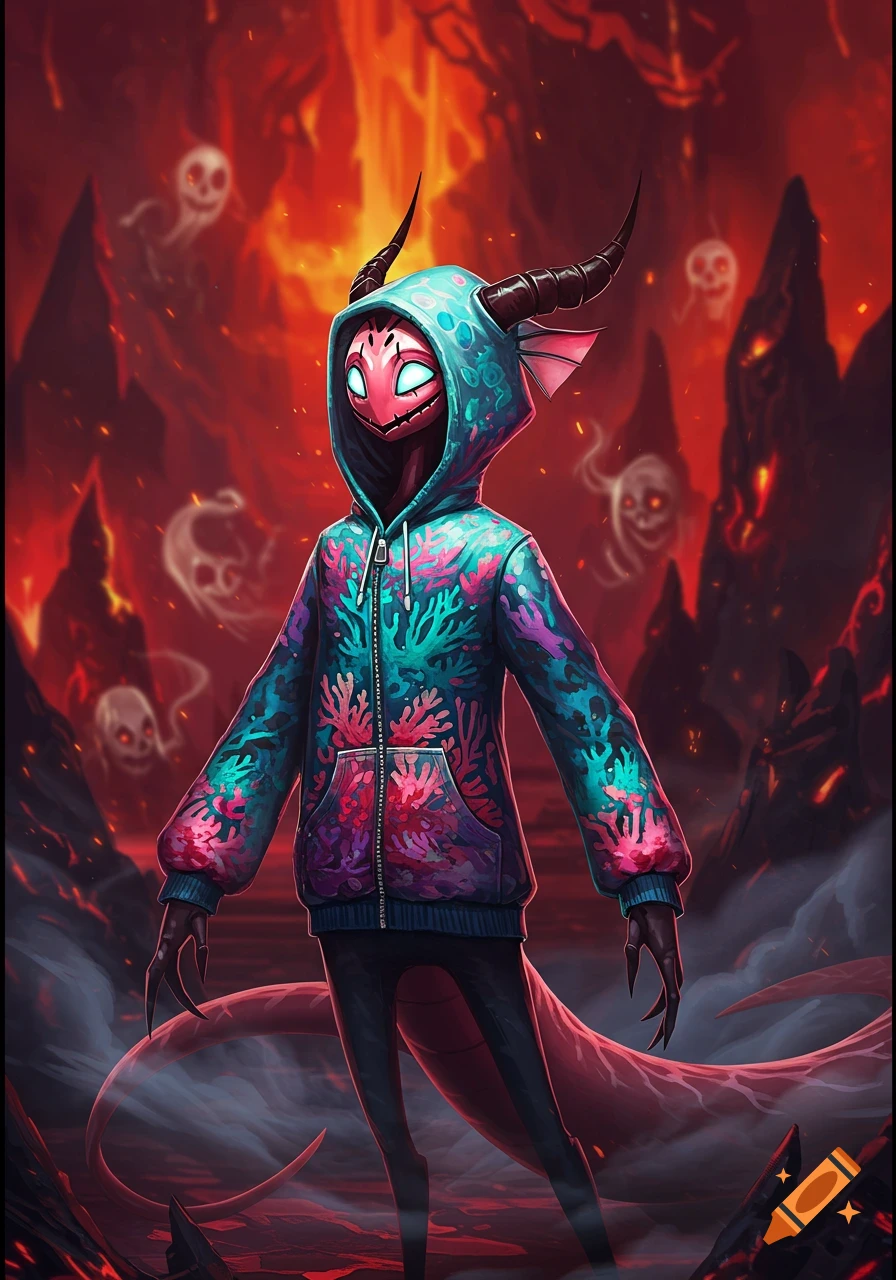 A stylized demon with glowing eyes, horns, and a long tail wears a vibrant coral reef patterned hoodie in a fiery, hellish landscape with ghostly figures.