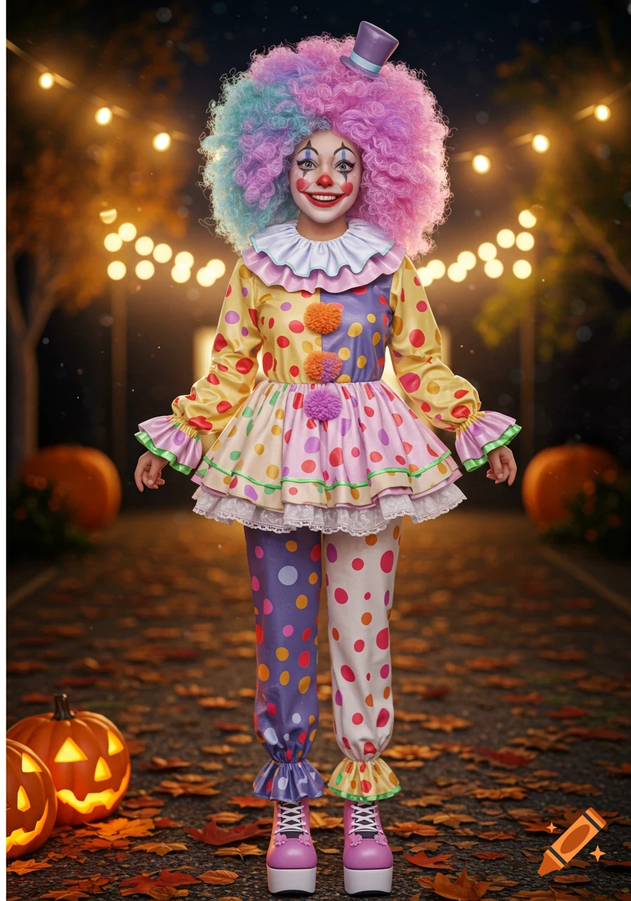 A person in a colorful clown costume with a big wig and makeup, smiling widely on a leaf-strewn path with string lights and jack-o'-lanterns.