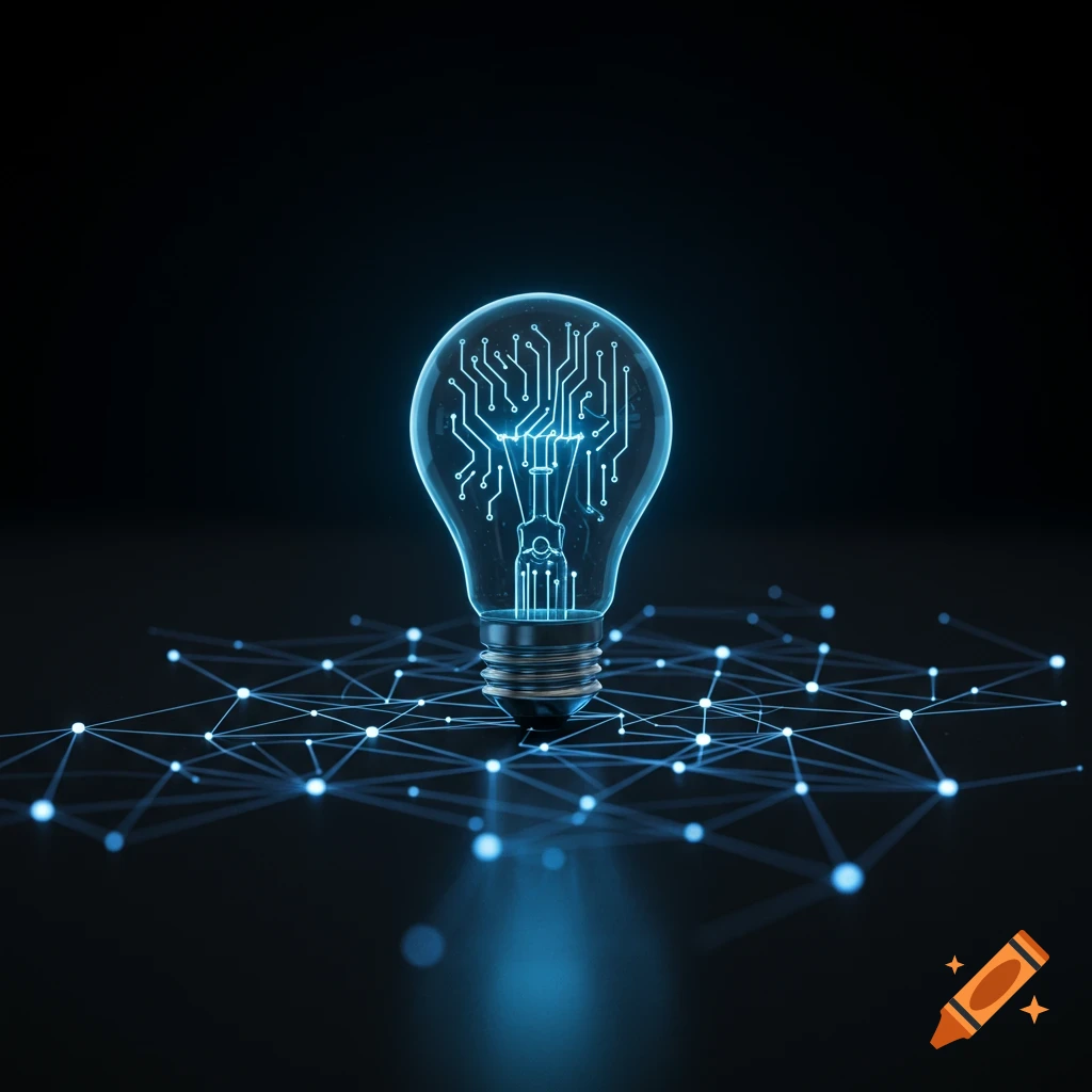 A glowing blue lightbulb with circuit board patterns inside, connected to a digital network of lines and dots on a dark background.