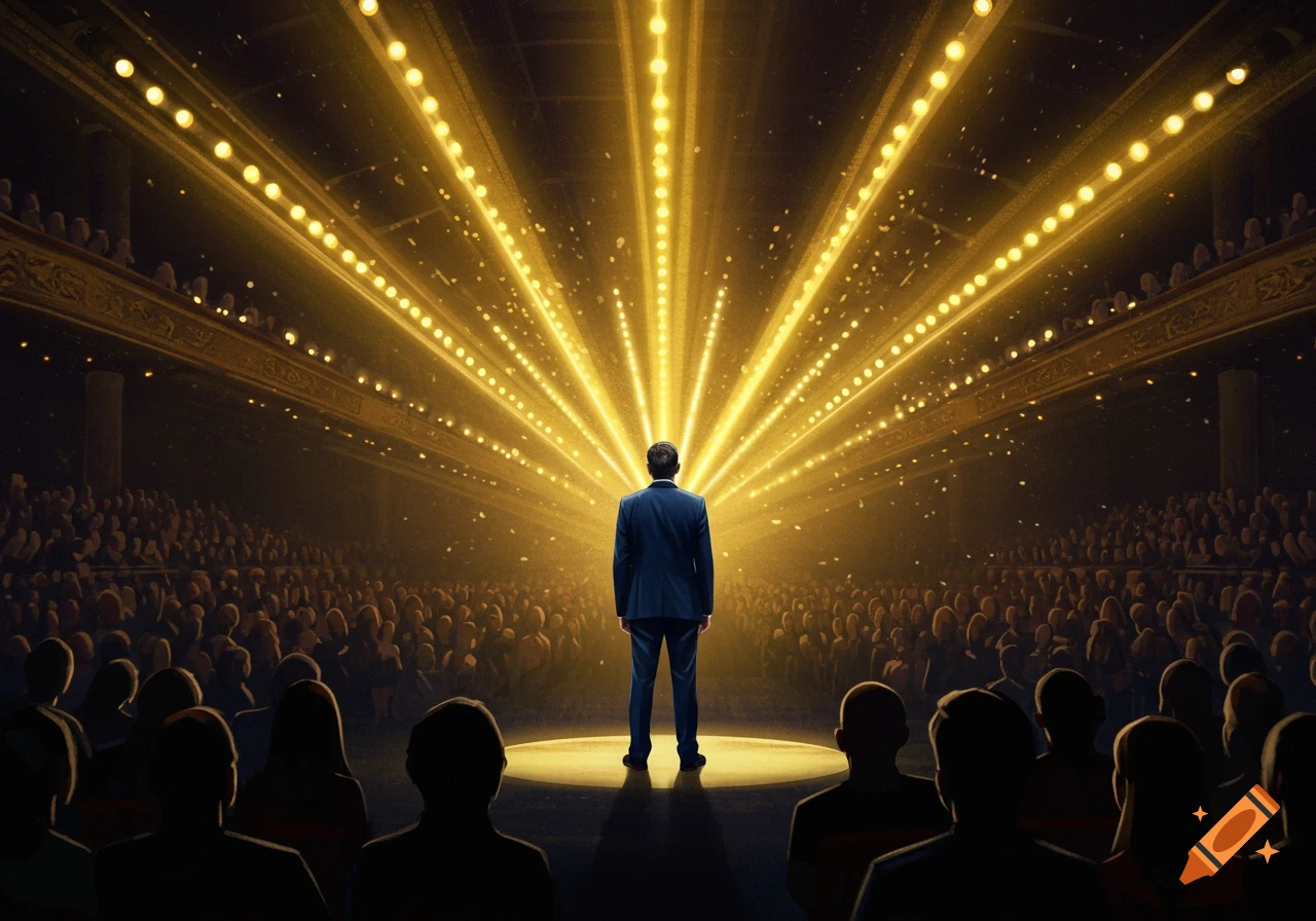 A person in a suit stands on a brightly lit stage, facing a large audience in an auditorium with golden spotlights fanning out.