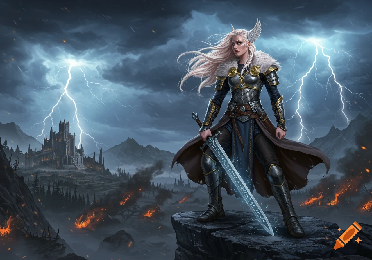 A female warrior with long white hair and a winged helmet stands on a ...