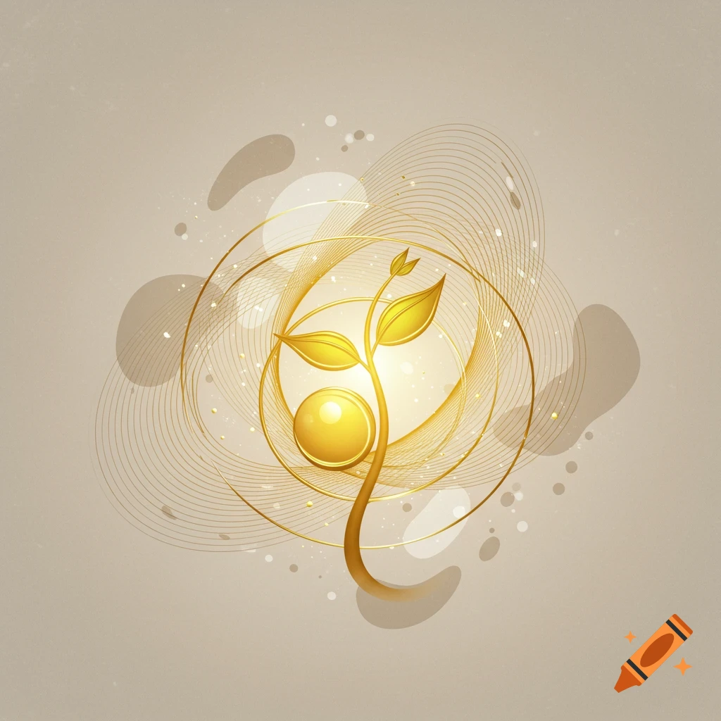 A golden stylized plant with glowing leaves and a circular center, surrounded by swirling abstract lines and shapes on a beige background.