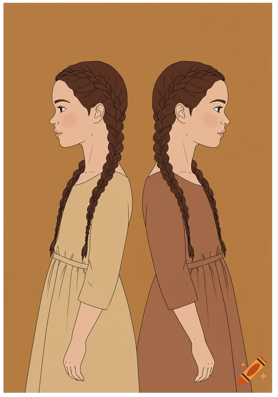 Minimalist clipart illustration of two girls with braided hair, wearing earth-toned dresses, standing back-to-back.