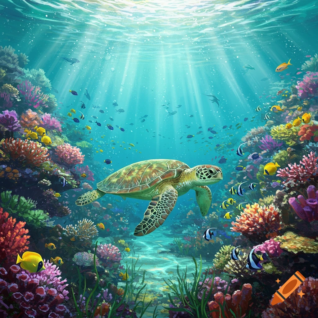 A green sea turtle swims past a vibrant coral reef filled with colorful ...