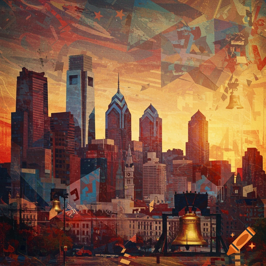 An abstract, colorful painting of the Philadelphia skyline with the Liberty Bell prominently featured in the foreground and a smaller bell in the background, overlaid with geometric and text-like patterns.