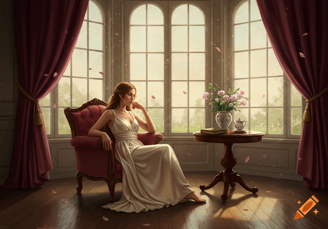 A woman in a white dress sits thoughtfully in an armchair by sunlit windows, surrounded by flowers and falling petals, in a painterly style.