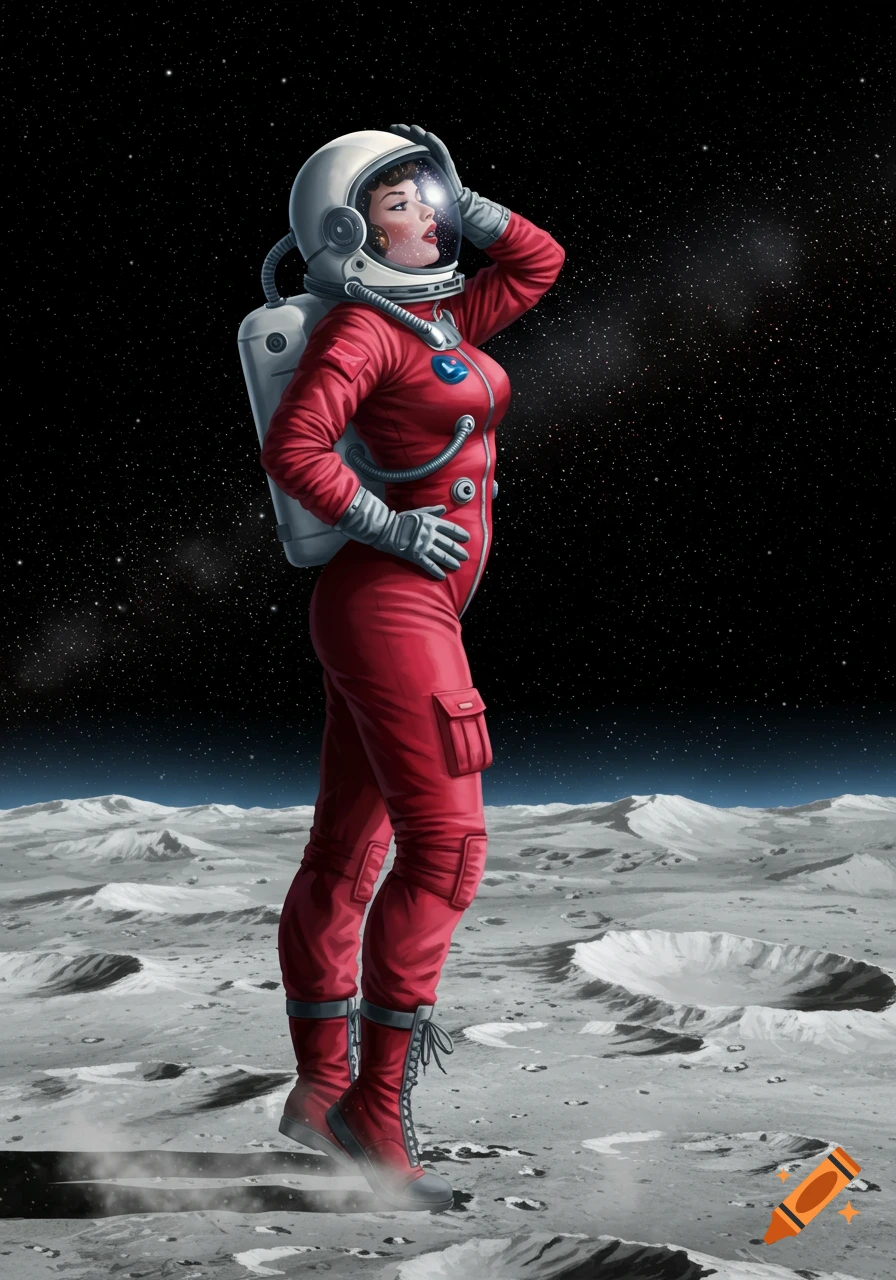 A retro pin-up astronaut woman in a red suit stands on the moon, looking up at the starry sky.