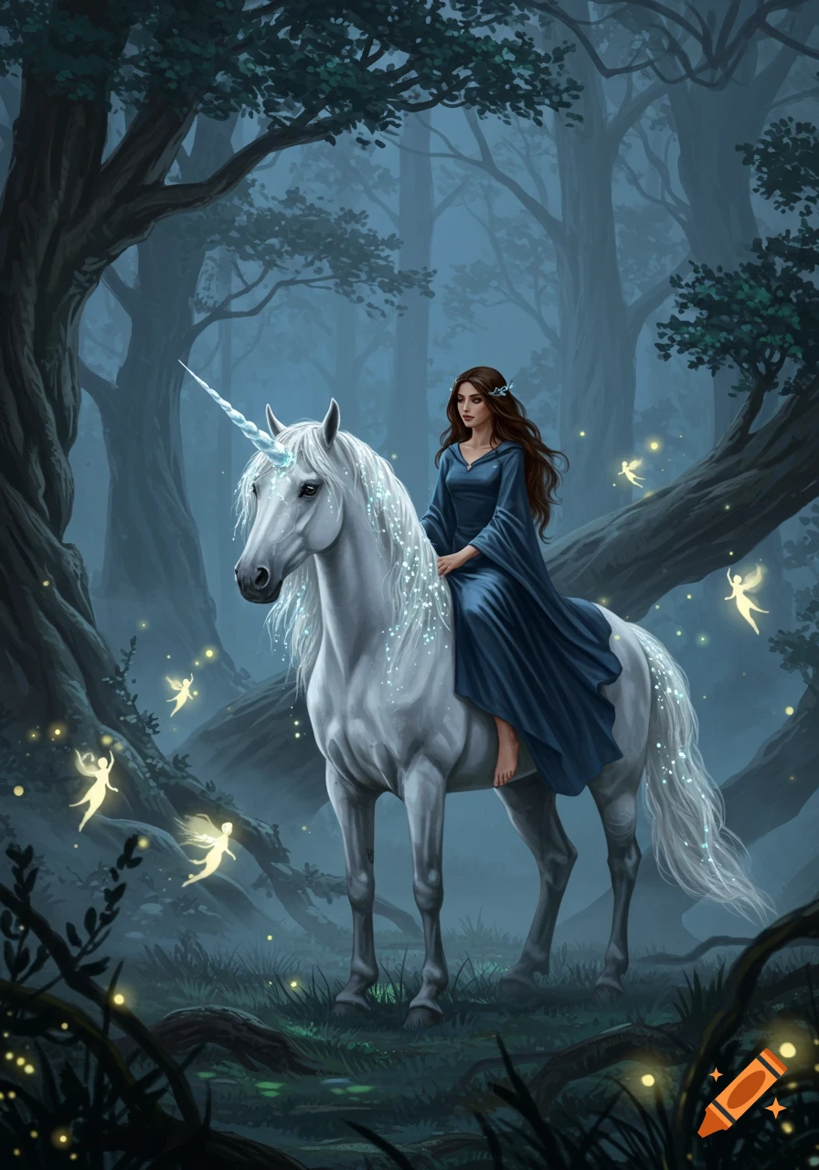 A brunette woman in a blue dress rides a majestic white unicorn through a mystical, misty forest, surrounded by glowing fairies.
