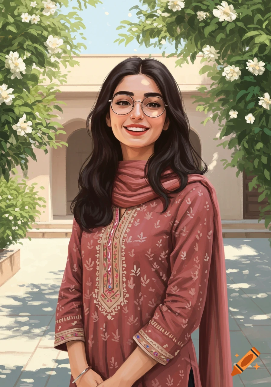 An illustrated portrait of a smiling young Pakistani woman with dark hair and glasses, wearing a traditional embroidered reddish-brown outfit, standing in a garden with white flowers.