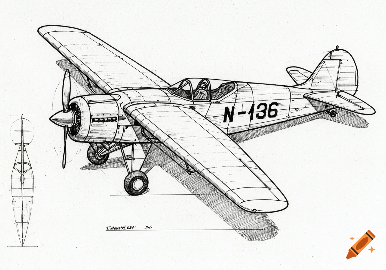 Detailed black and white technical drawing of a propeller airplane from an angled top view, with a small blueprint inset.