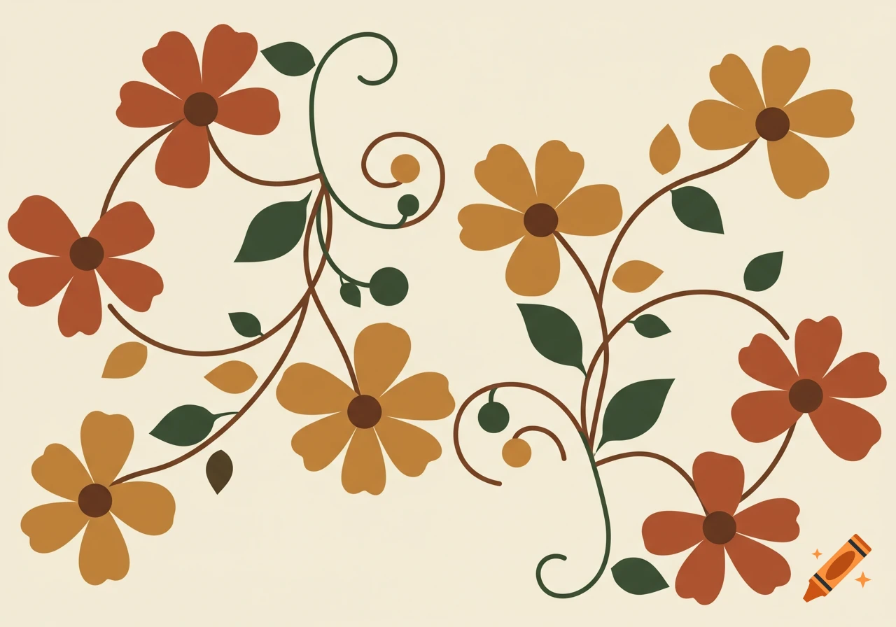 A decorative pattern of stylized orange and yellow flowers with green vines and leaves on a cream background.