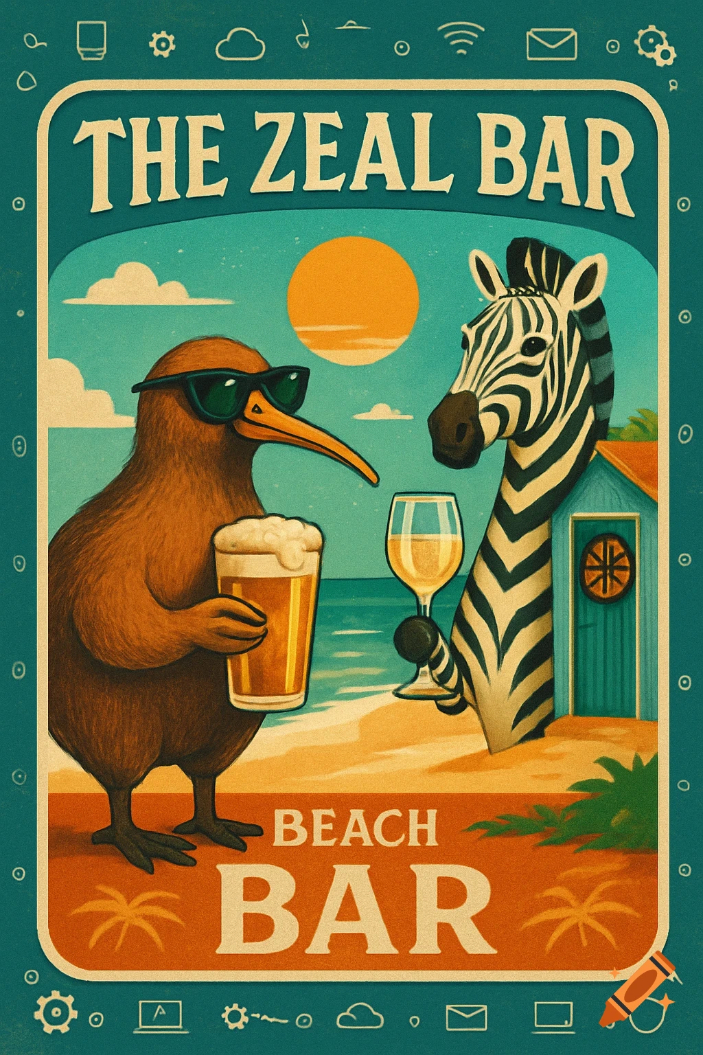 Retro pub sign with a kiwi bird in sunglasses holding a beer, and a zebra with wine on a beach, under 'THE ZEAL BAR'.