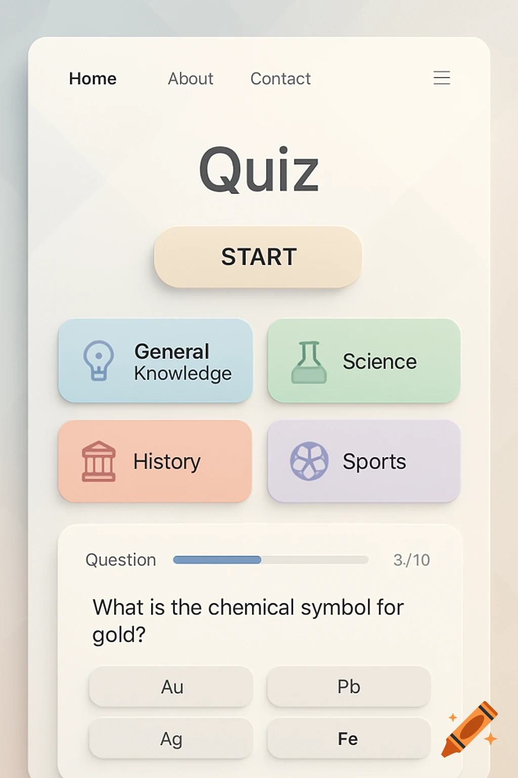 A clean, light-themed mobile UI for a quiz app showing categories and a multiple-choice question.
