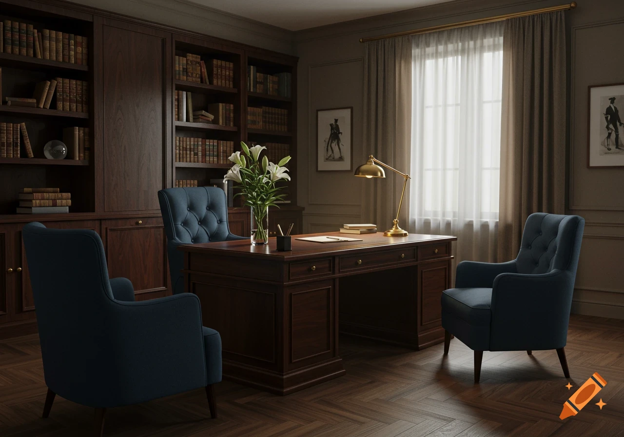 A sophisticated traditional study room with dark wood furniture, including a large desk and built-in bookshelves, and three blue upholstered chairs. White lilies in a vase sit on the desk, illuminated by light from a large window with sheer and heavy drapes.