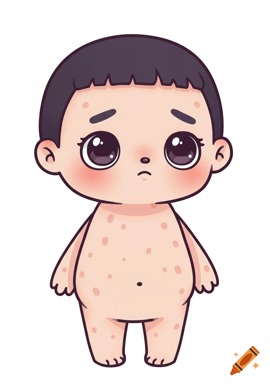 A full-body, cartoon-style collectible character with a large head, big sad eyes, short dark hair, and a pale, spotted body.