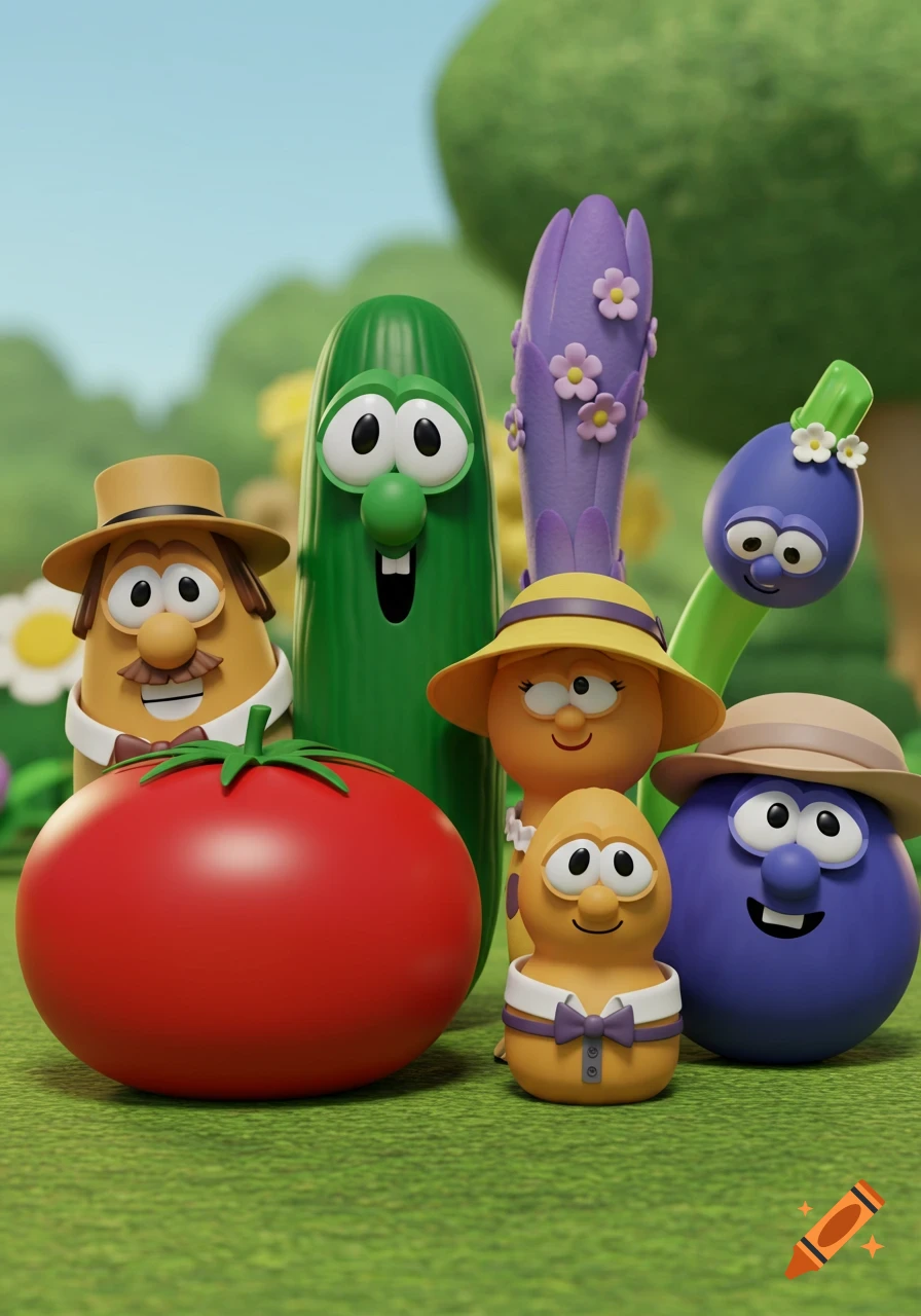 Cartoon VeggieTales characters including Bob the Tomato and Larry the Cucumber stand on green grass in a sunny outdoor scene.
