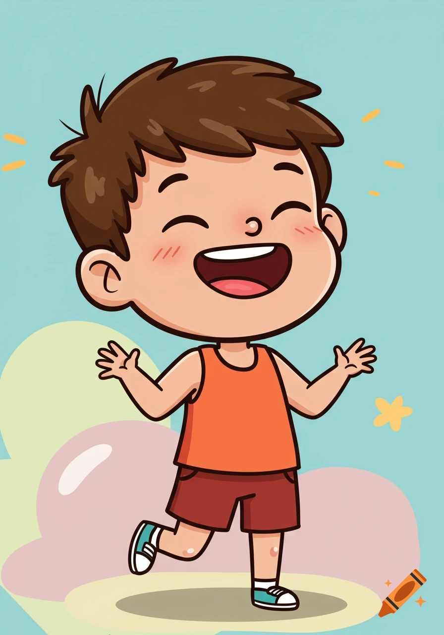 A cute cartoon boy with brown hair, wearing an orange tank top and red shorts, laughs happily with his hands up against a bright, simple background.