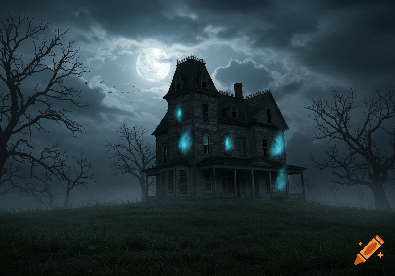 An eerie, old haunted house with glowing blue windows, surrounded by bare trees under a full moon and cloudy night sky.
