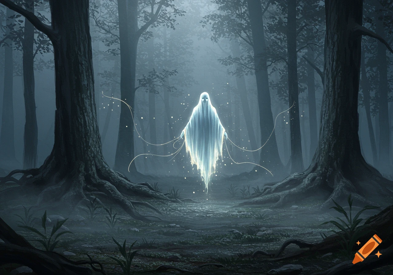 A glowing, ethereal ghost floats in a misty, dark forest between two large trees with exposed roots. Fantasy art.