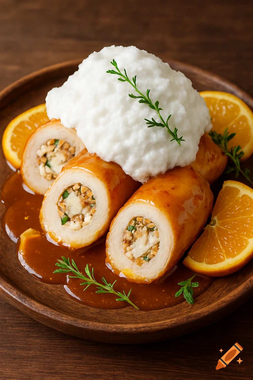 Three glazed chicken rolls filled with nuts and herbs, sitting in brown sauce, topped with white foam and rosemary, garnished with orange slices on a wooden plate.