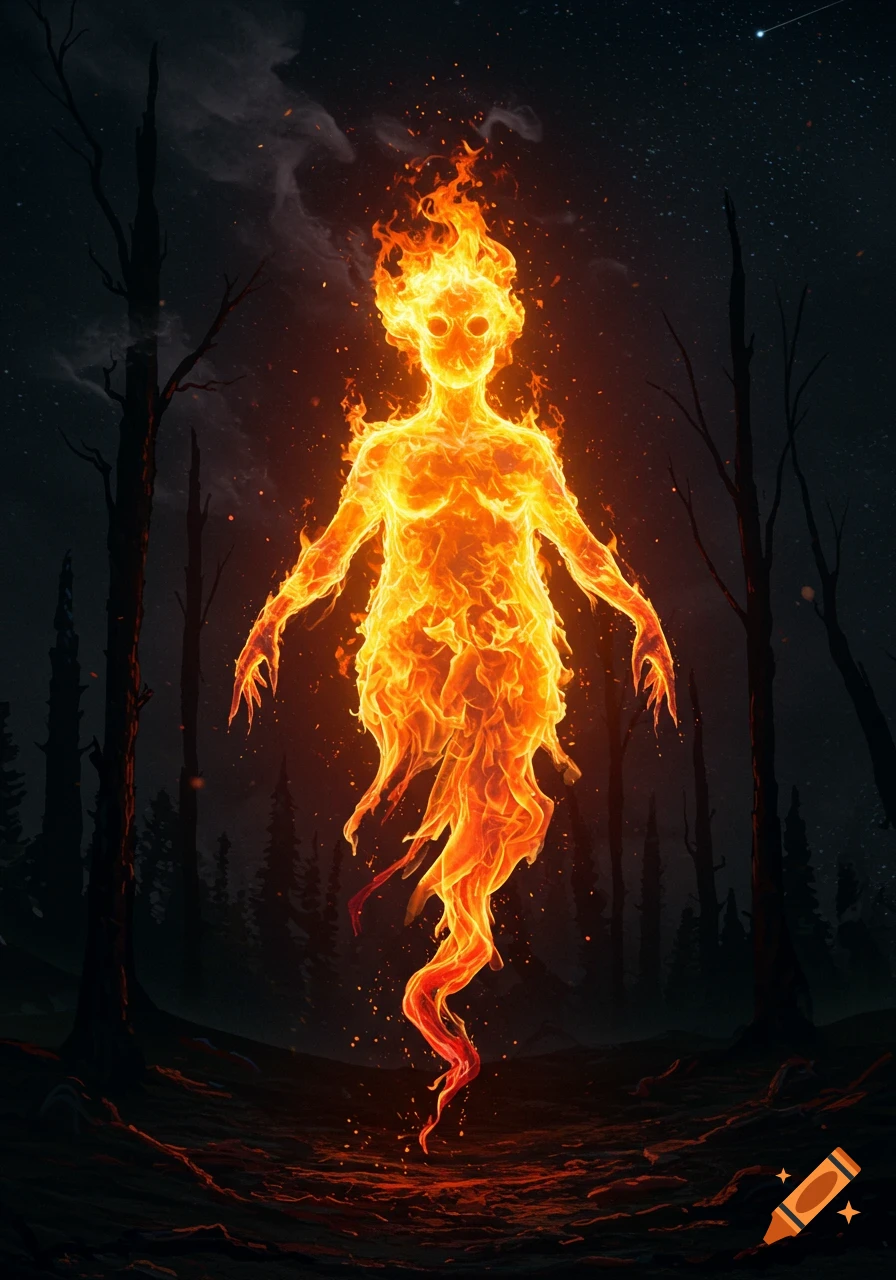 A glowing humanoid figure made entirely of golden and orange flames floats in a dark forest under a starry night sky.
