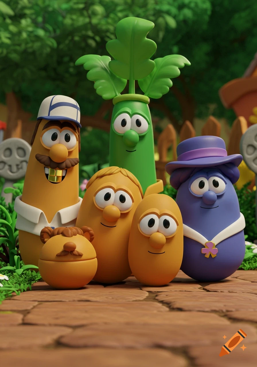 Mr. Lunt, Jimmy and Jerry Gourd, Petunia Rhubarb, and Madame Blueberry from VeggieTales in a 3D animated garden scene.
