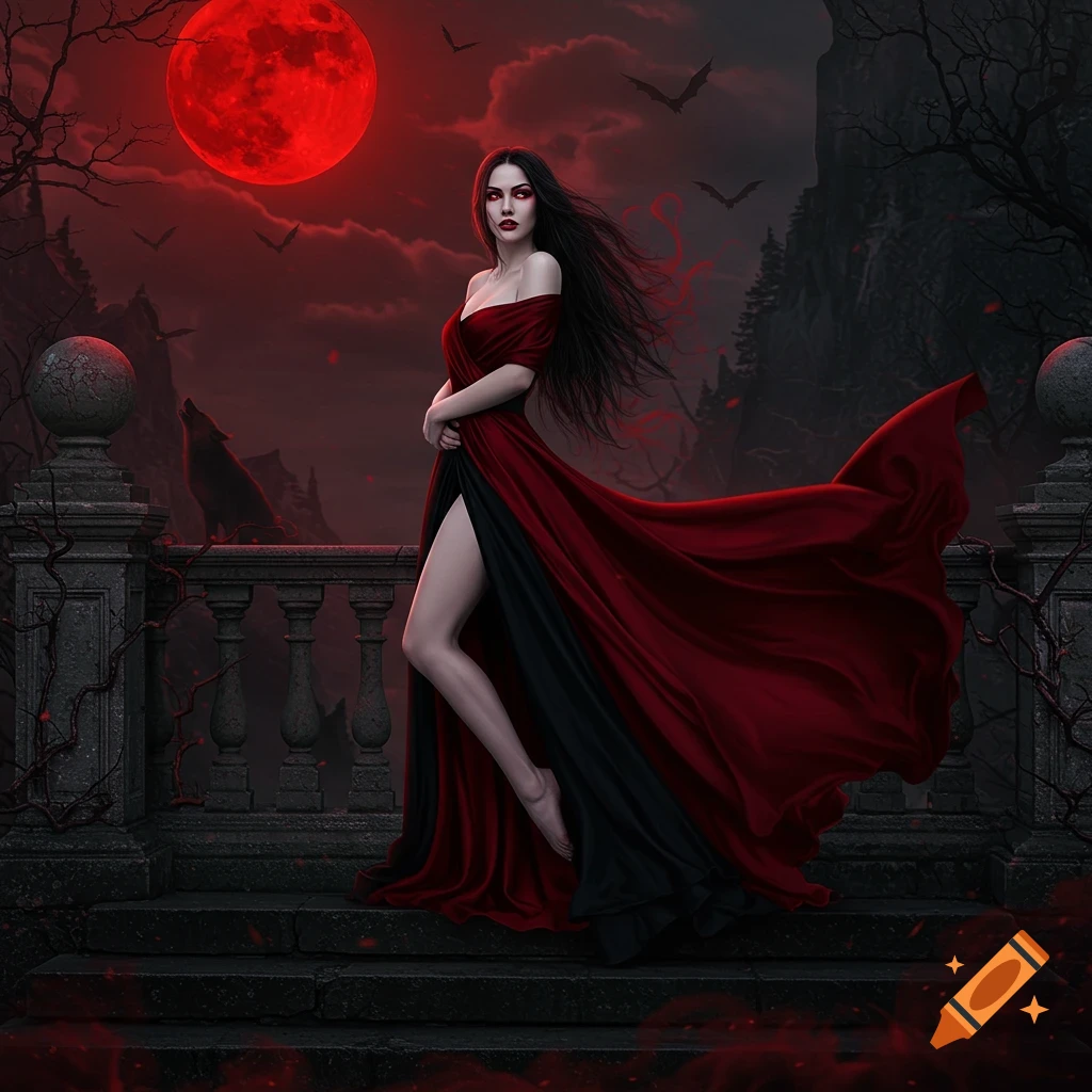 A dark fantasy art illustration of a vampire woman in a flowing red and black dress standing on a gothic balcony under a blood-red moon with bats and a howling wolf.