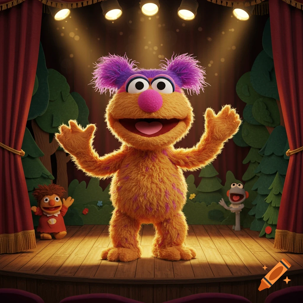 A large orange muppet with purple hair and pink spots stands on a wooden stage, arms raised, under spotlights with red curtains and a forest backdrop. Two smaller muppets are in the background.