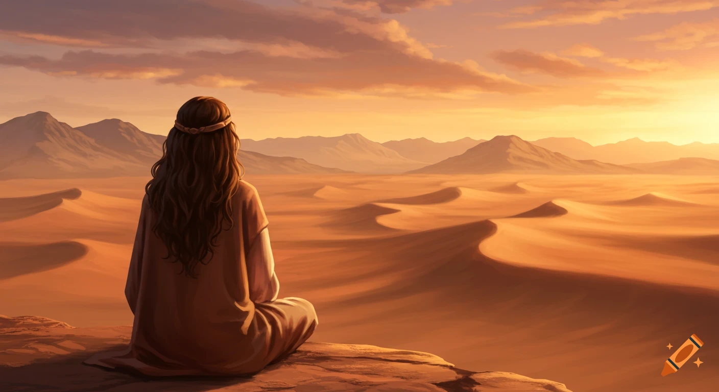 A woman in biblical-era clothing sits on a rock, overlooking a vast desert landscape and mountains at sunrise.