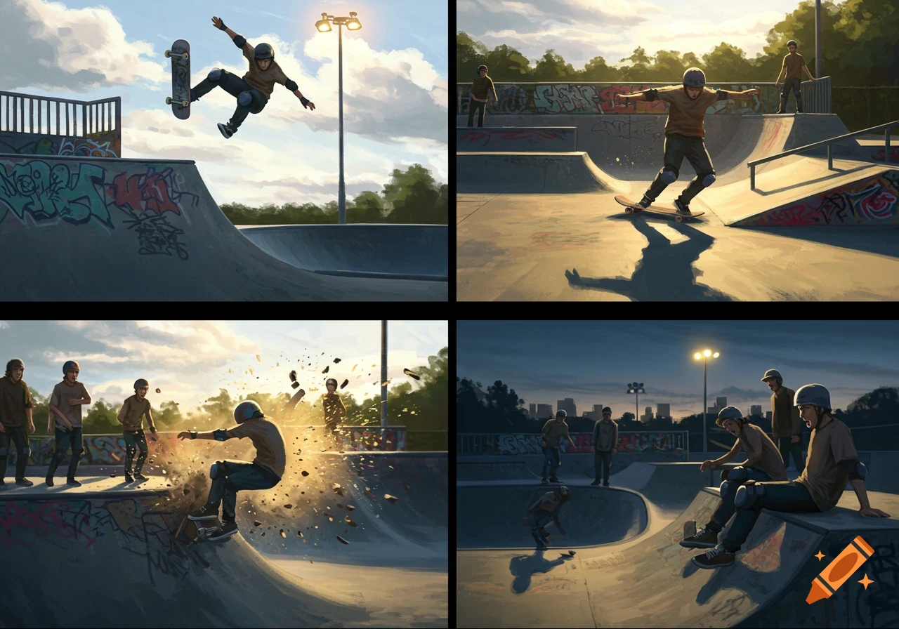 Four-panel digital illustration of skateboarders in a skatepark, showing a jump, riding, a fall with debris, and resting.