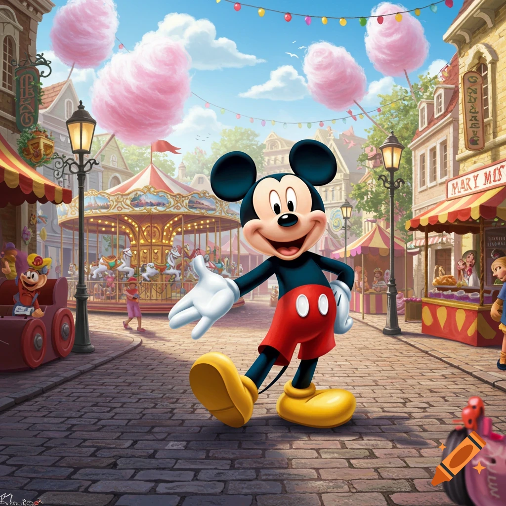 Mickey Mouse happily strolls through a vibrant carnival street with a merry-go-round, stalls, and pink cotton candy clouds in a digital art style.