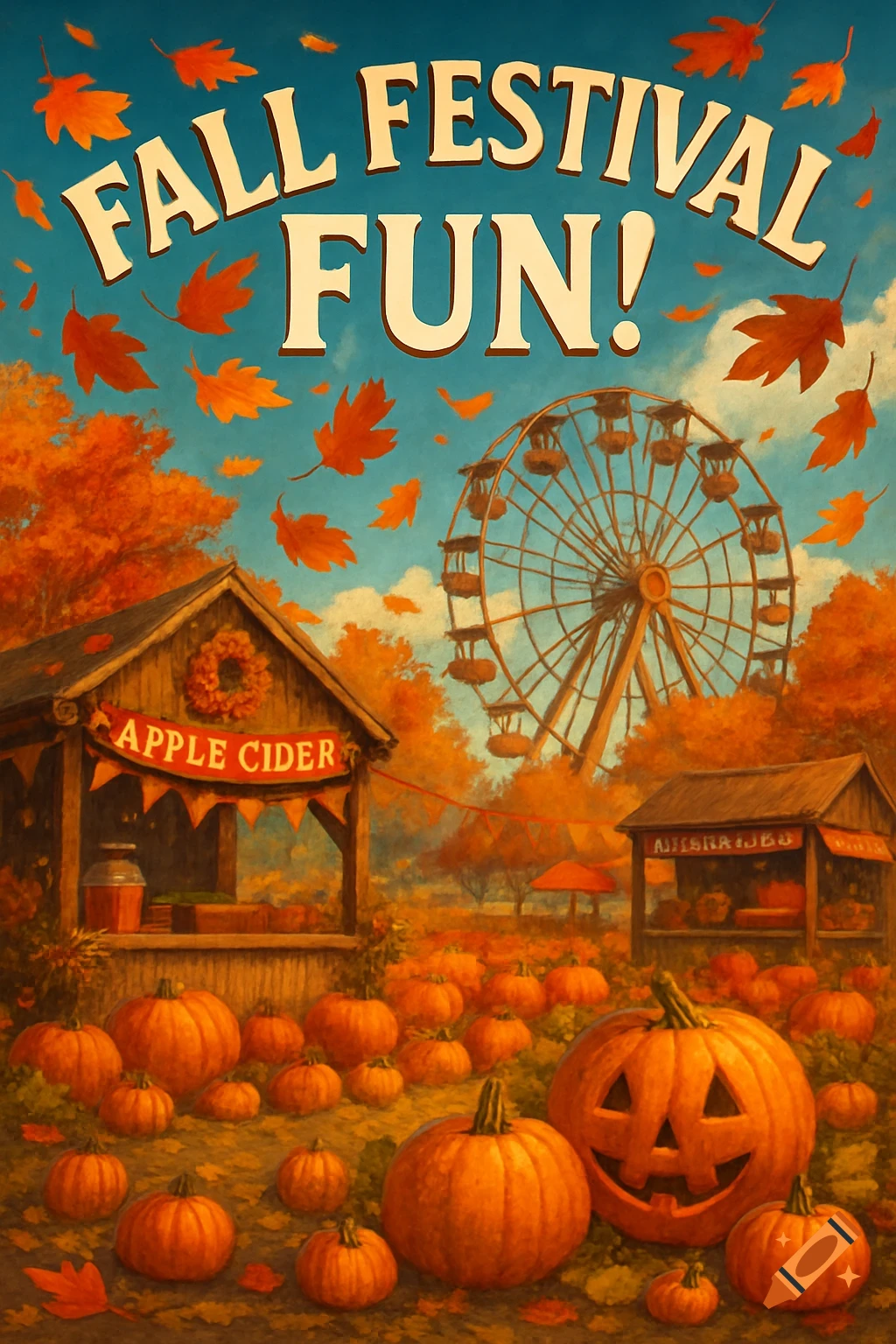 A stylized poster of a vibrant fall festival with pumpkins, market stalls, a Ferris wheel, and falling autumn leaves.