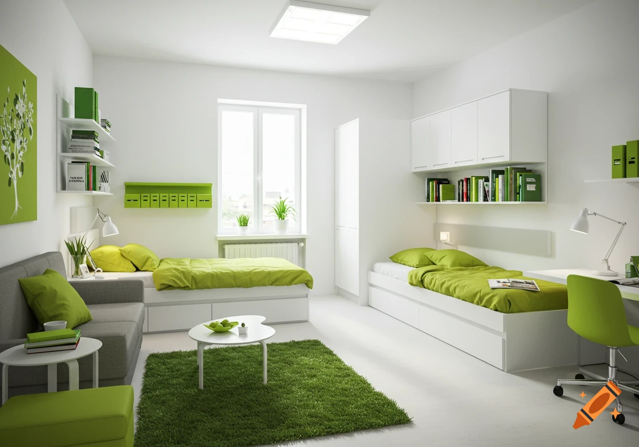 A modern, bright bedroom in white and lime green with two beds, a sofa, a desk, and shelves.
