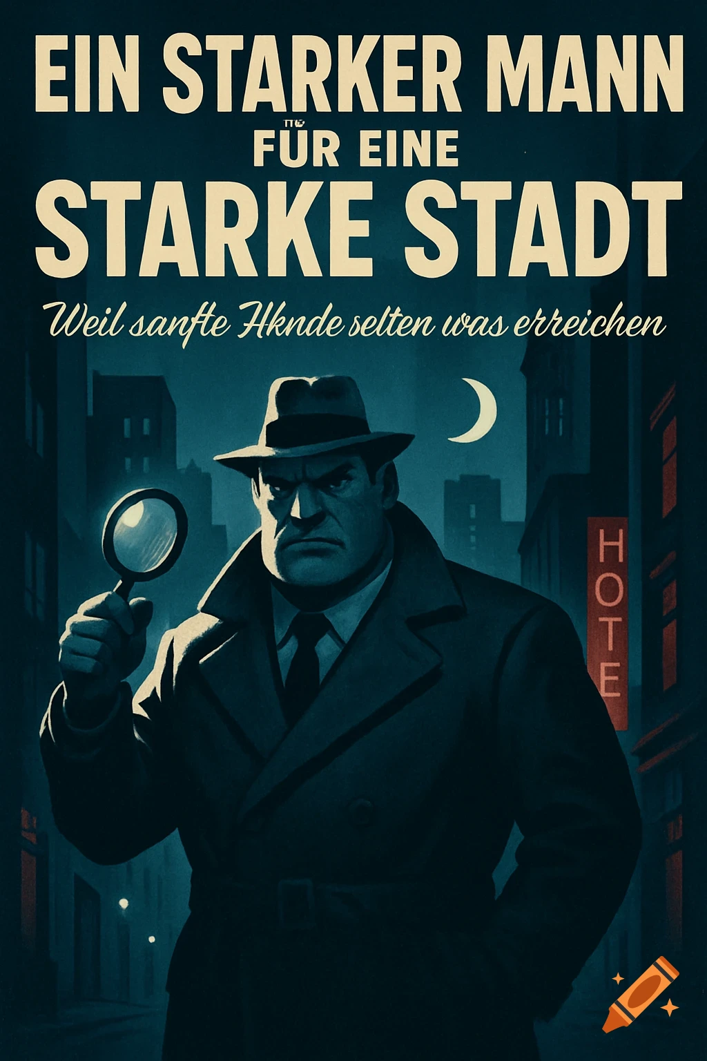 Noir-style election poster with a stern detective holding a magnifying glass in a dark city, featuring German text 'Ein starker Mann für eine starke Stadt'.