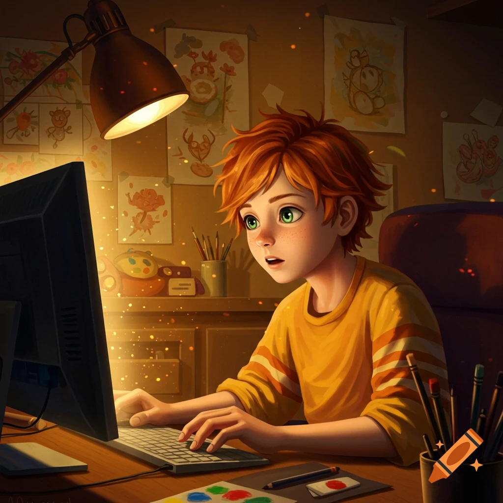 An illustrated red-haired boy with green eyes sits at a computer in a warm, dimly lit room with art on the wall.