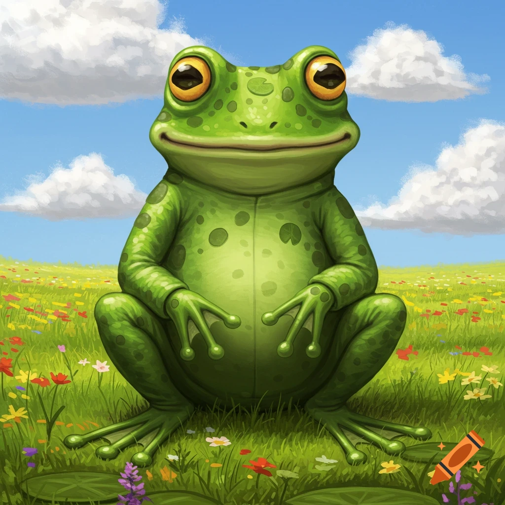 A friendly, bright green cartoon frog sits in a sunny meadow with colorful wildflowers under a blue sky with white clouds.