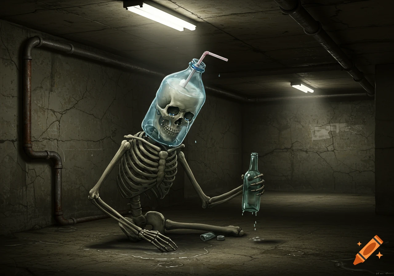 A sad skeleton with a water bottle head and a straw, crying and holding an empty bottle in a dark, cracked basement.