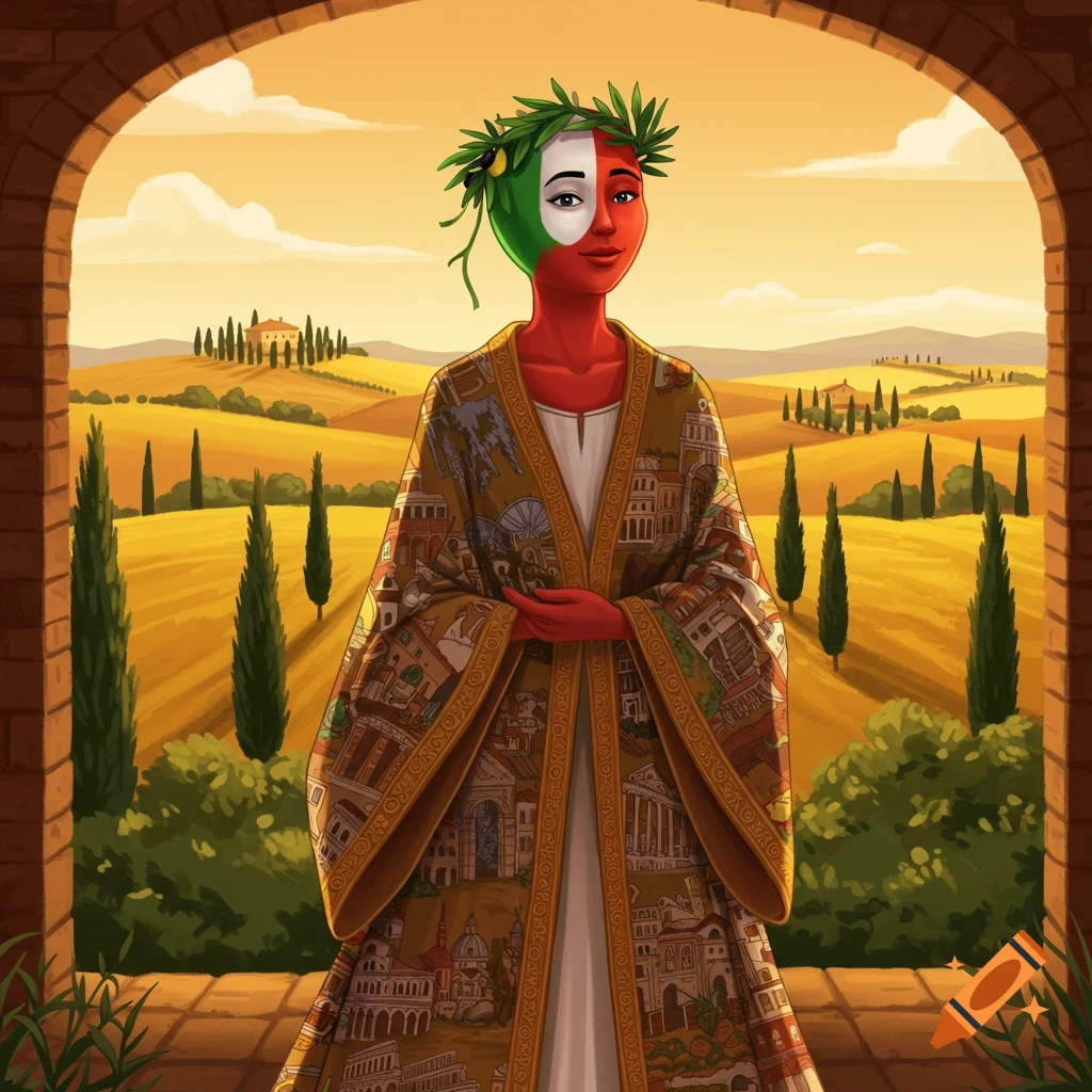 Stylized woman with Italian flag face paint and olive wreath, wearing a landmark-patterned robe, stands in an archway overlooking a sunny Italian countryside.
