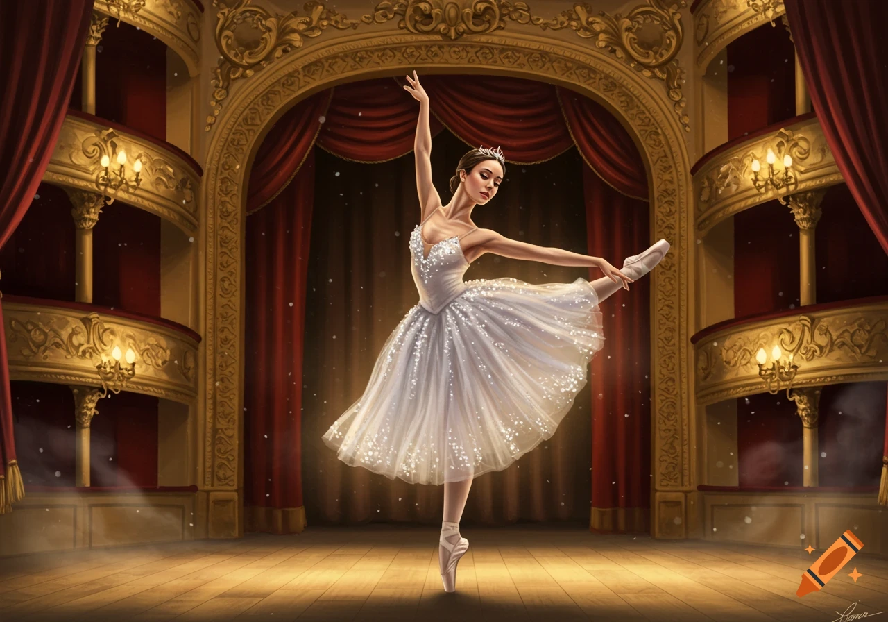 A graceful ballet dancer in a sparkling white tutu performs on a grand theater stage with red curtains and ornate gold balconies.