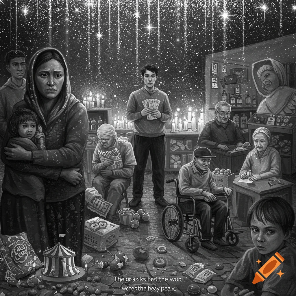 A grayscale illustration depicting a somber scene with a woman holding a child, a man with money, elderly people, and a boy in a room filled with candles and sparkling dust.