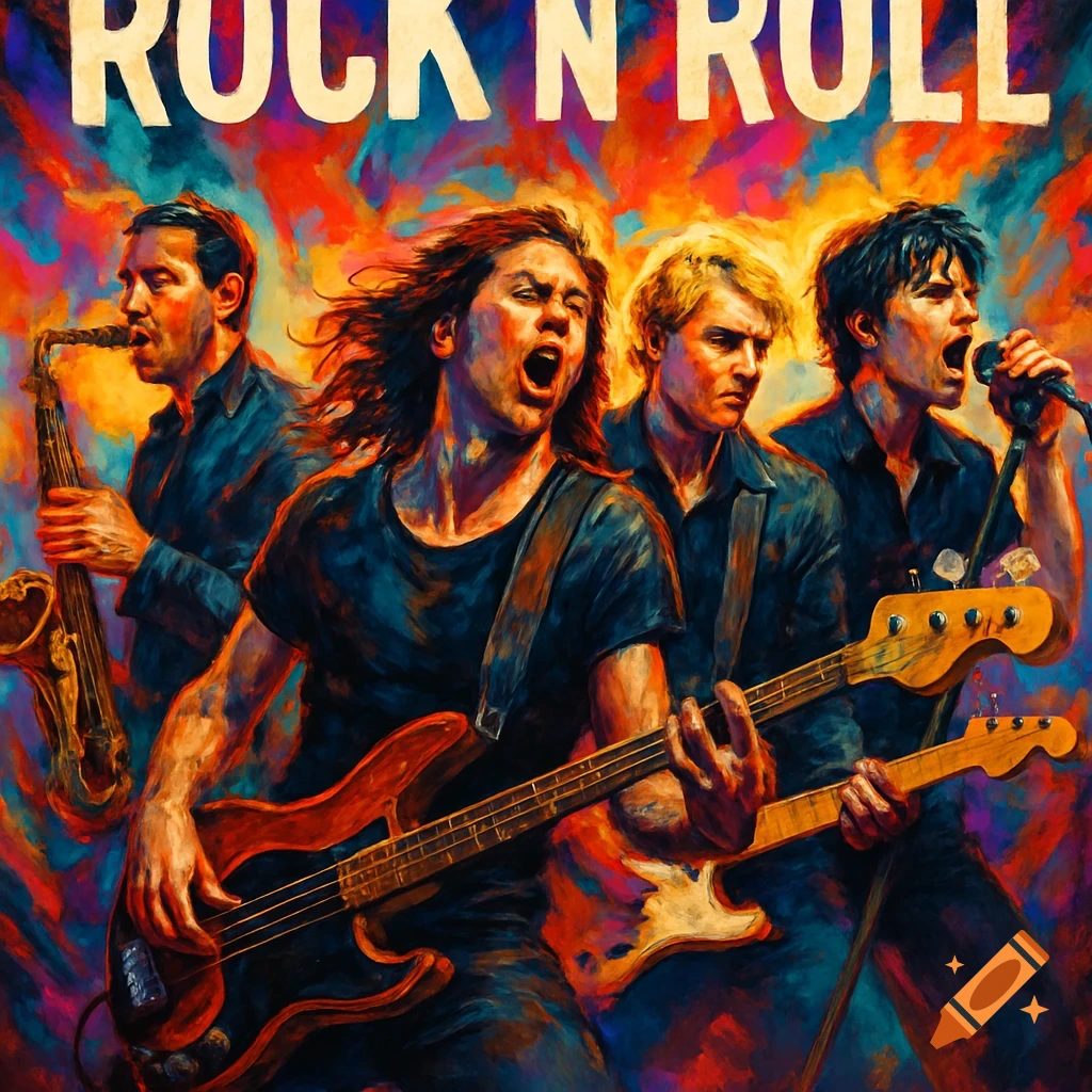 A vibrant, painterly rock n roll band poster featuring four musicians: a saxophonist, a bassist, a guitarist, and a singer, against a fiery backdrop. The text 'ROCK N ROLL' is at the top.